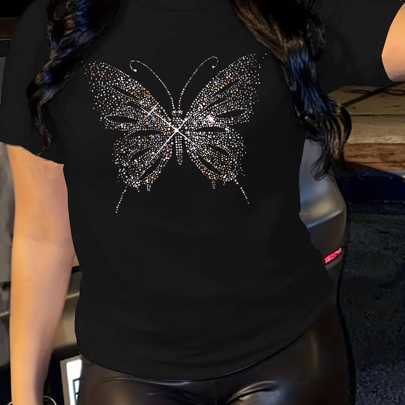 Vibrant Butterfly Graphic Print Crew Neck Short Sleeve T-Shirt - Soft Mid-Elasticity Polyester Fabric, Semi-Sheer, Regular Length, Machine Washable, Perfect for Summer and Spring - Womens Casual Wear