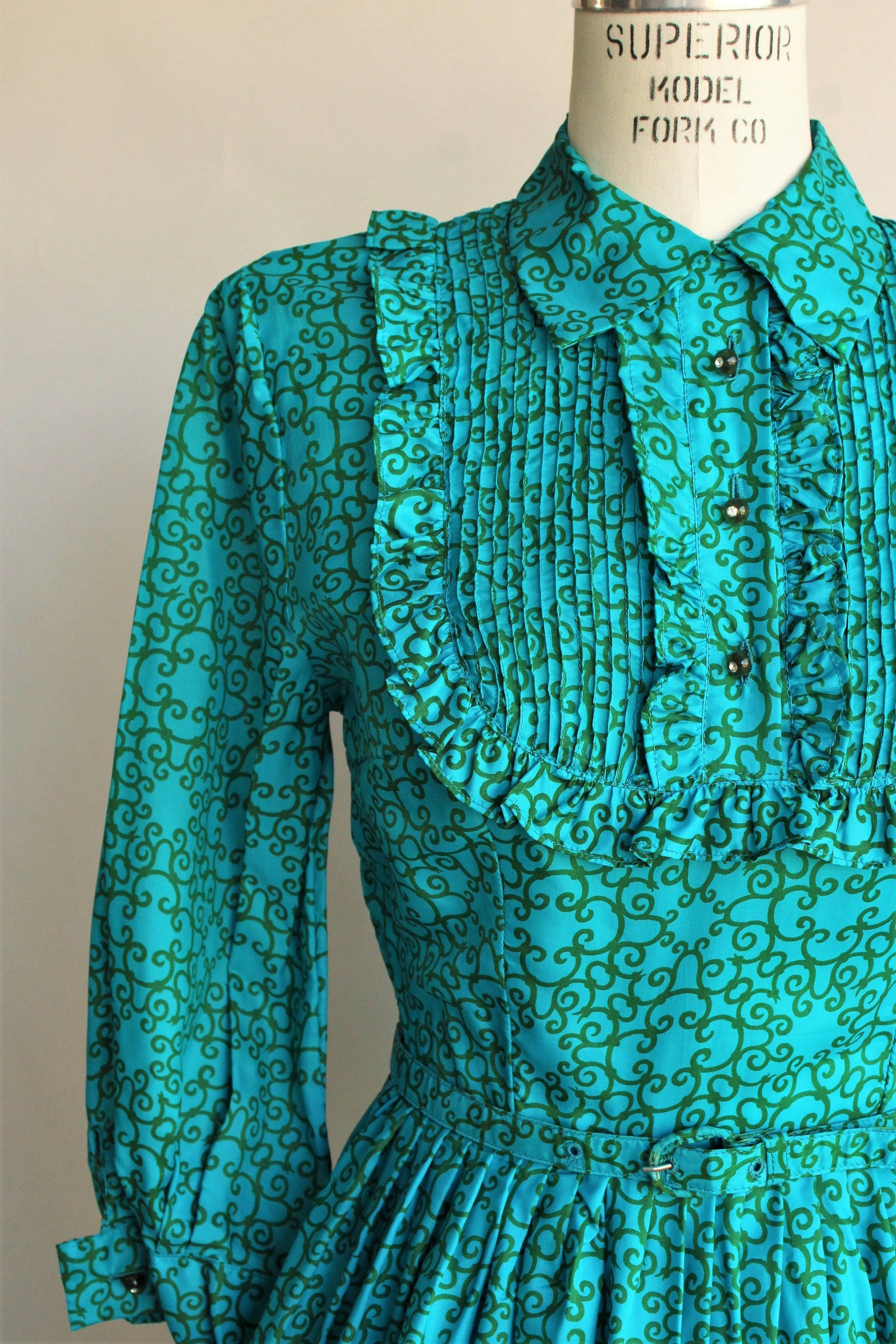 Vintage 1950s 1960s Blue and Green Dress With Belt and Tuxedo Front