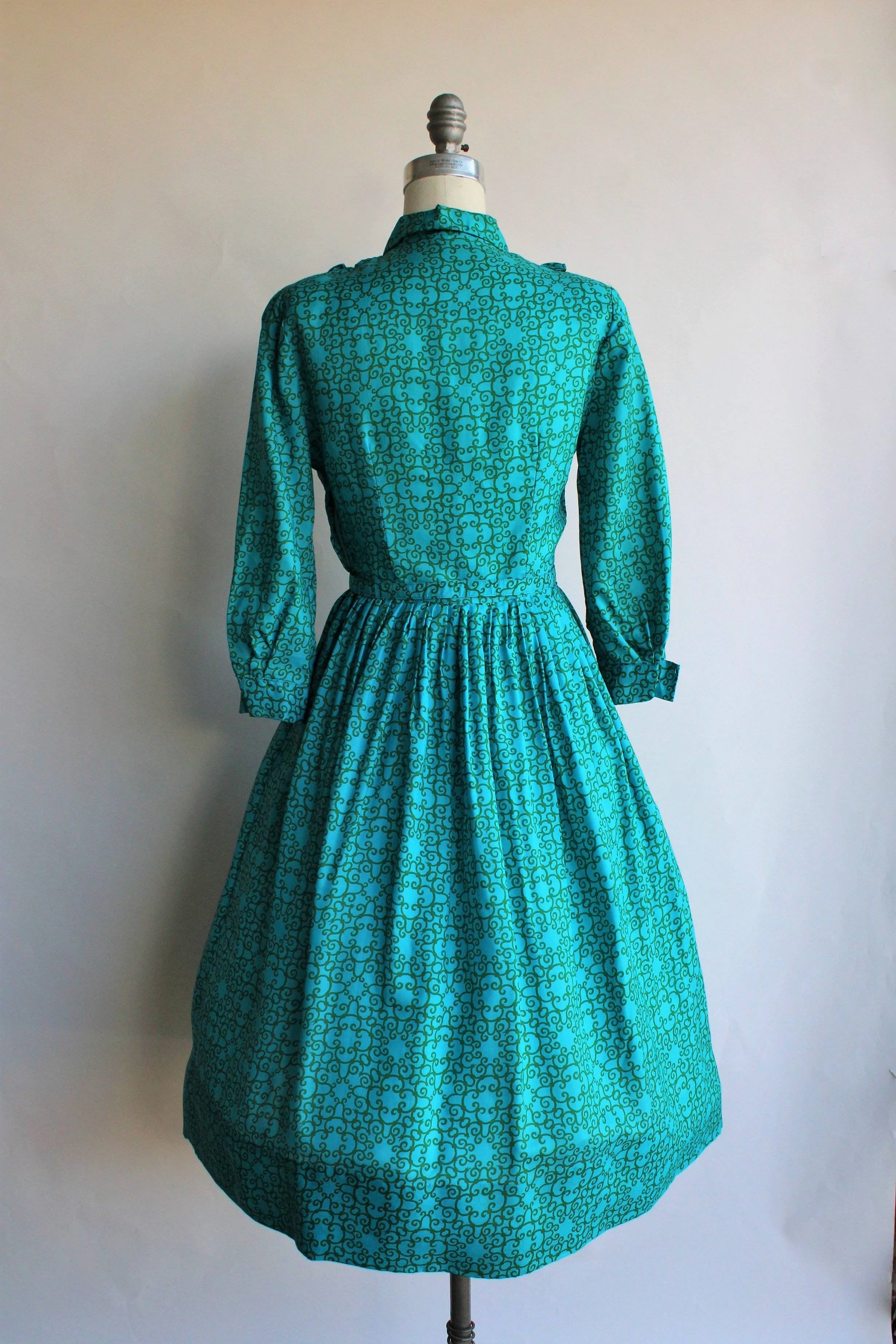 Vintage 1950s 1960s Blue and Green Dress With Belt and Tuxedo Front