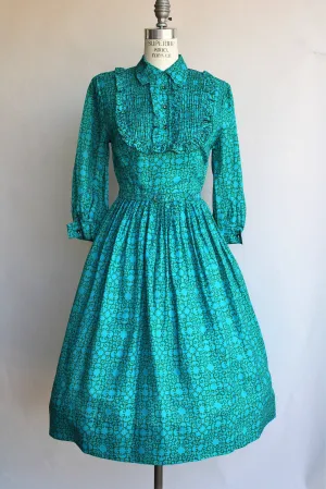 Vintage 1950s 1960s Blue and Green Dress With Belt and Tuxedo Front