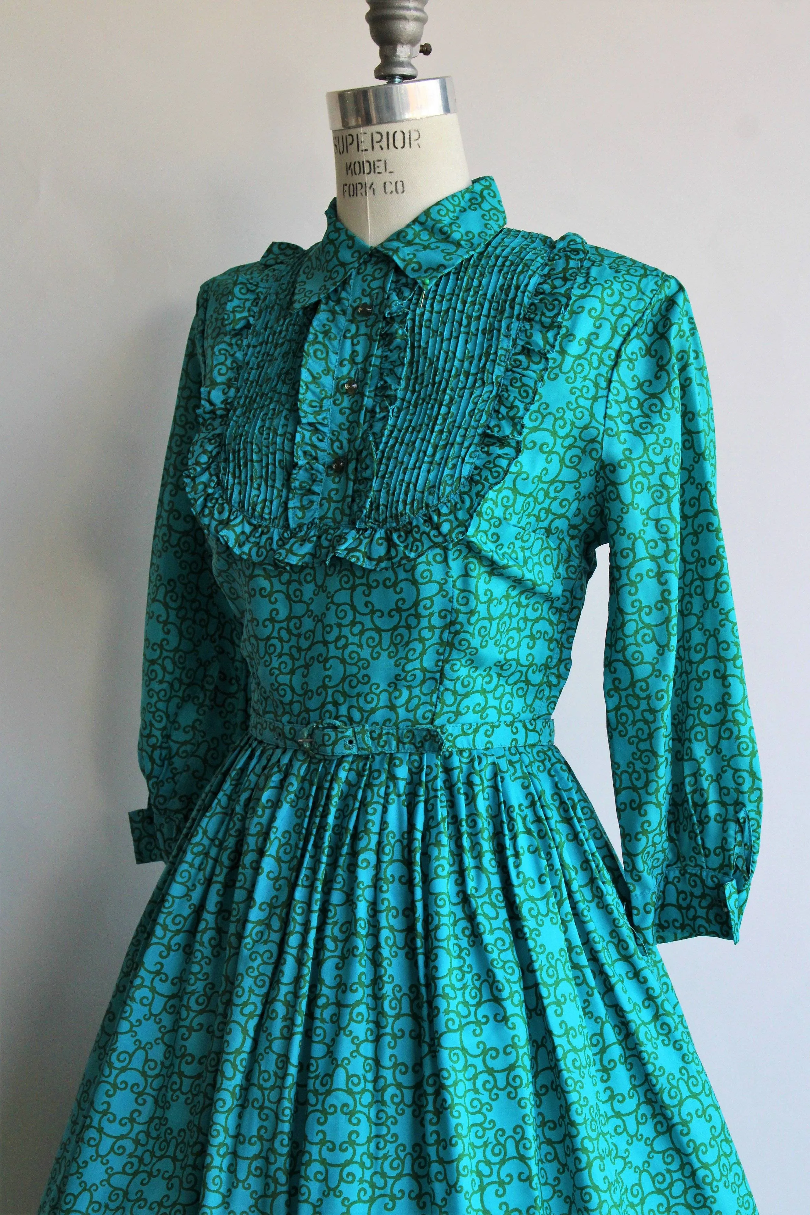 Vintage 1950s 1960s Blue and Green Dress With Belt and Tuxedo Front