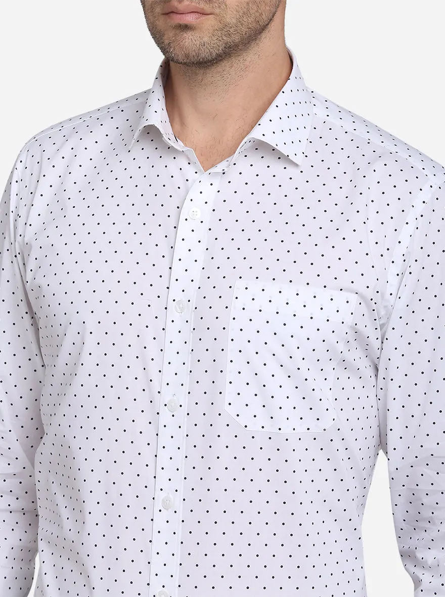 White & Navy Blue Printed Slim Fit Formal Shirt  | Metal