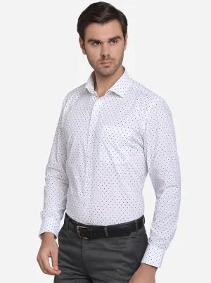 White & Navy Blue Printed Slim Fit Formal Shirt  | Metal