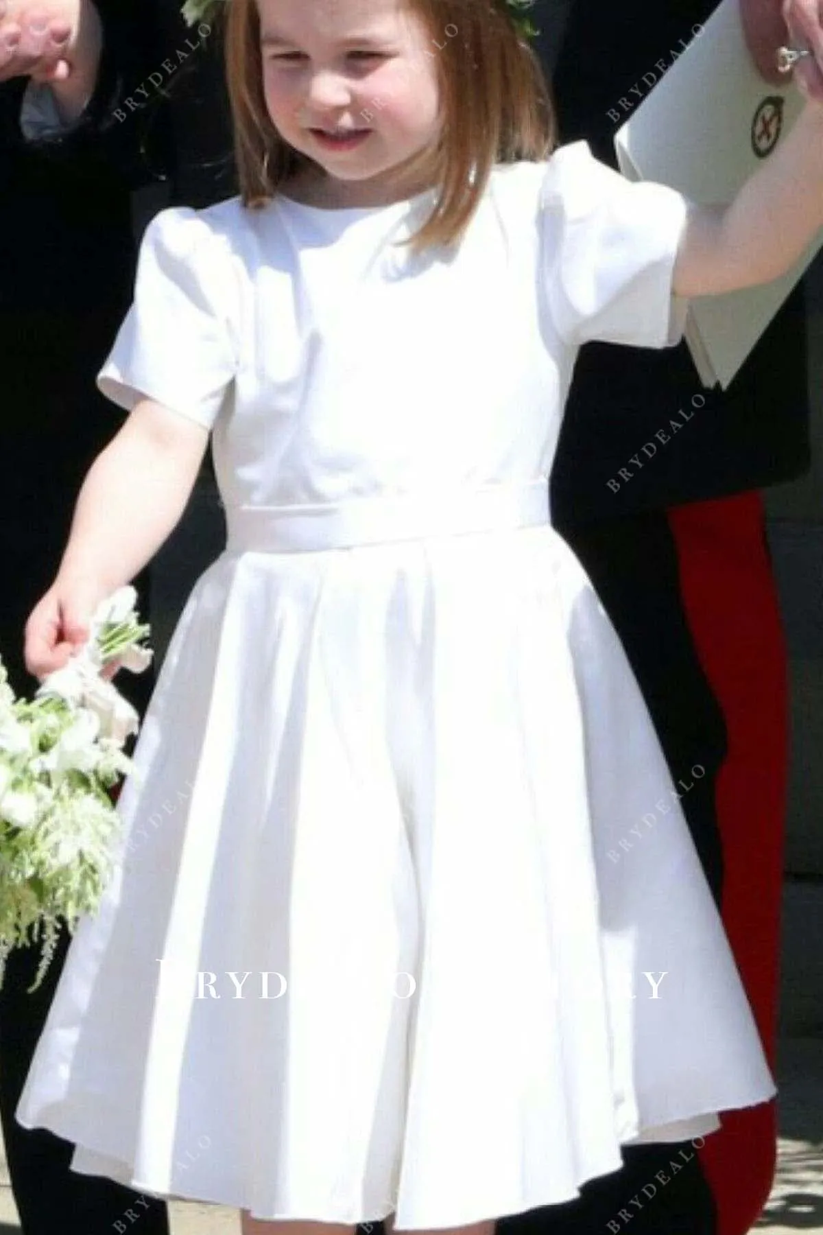 White Satin Tea-Length Short Sleeves Flower Girl Dress