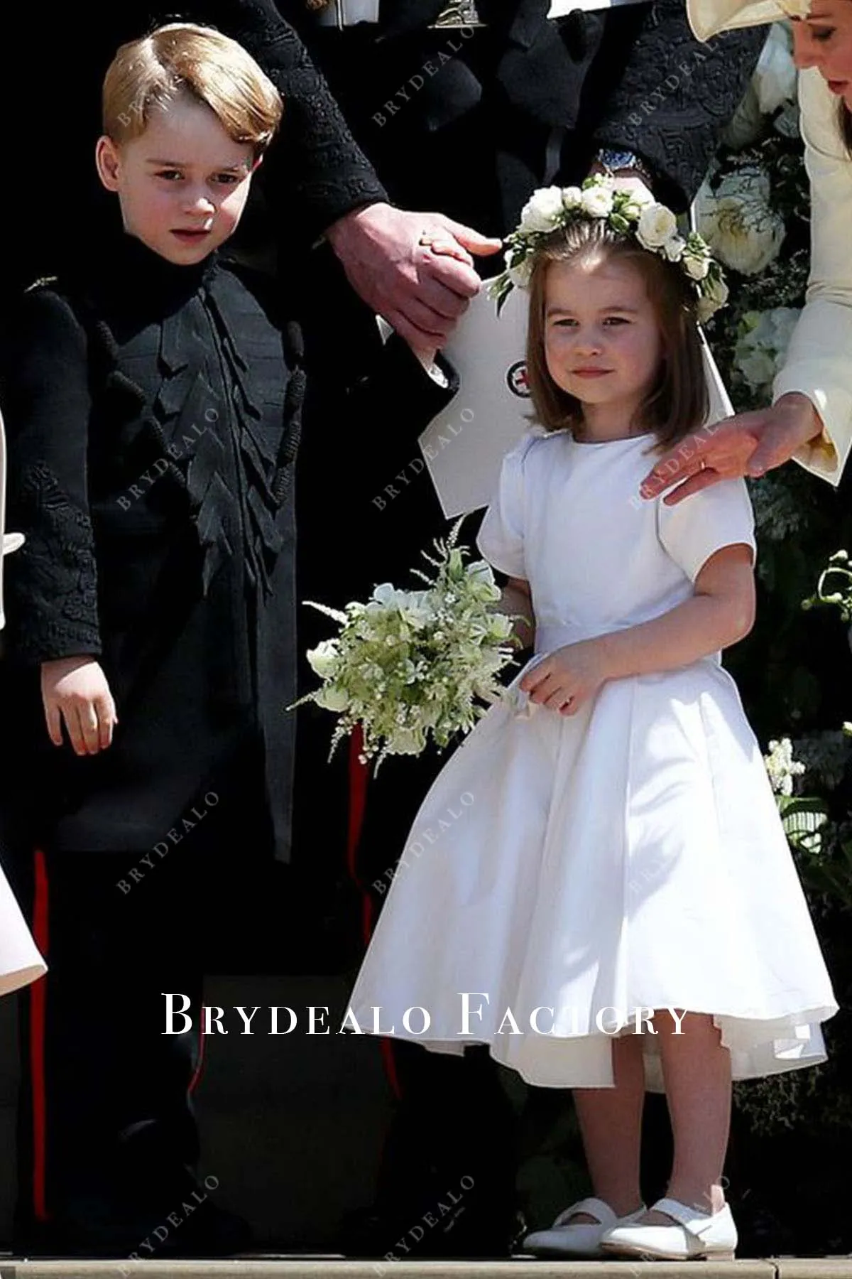 White Satin Tea-Length Short Sleeves Flower Girl Dress