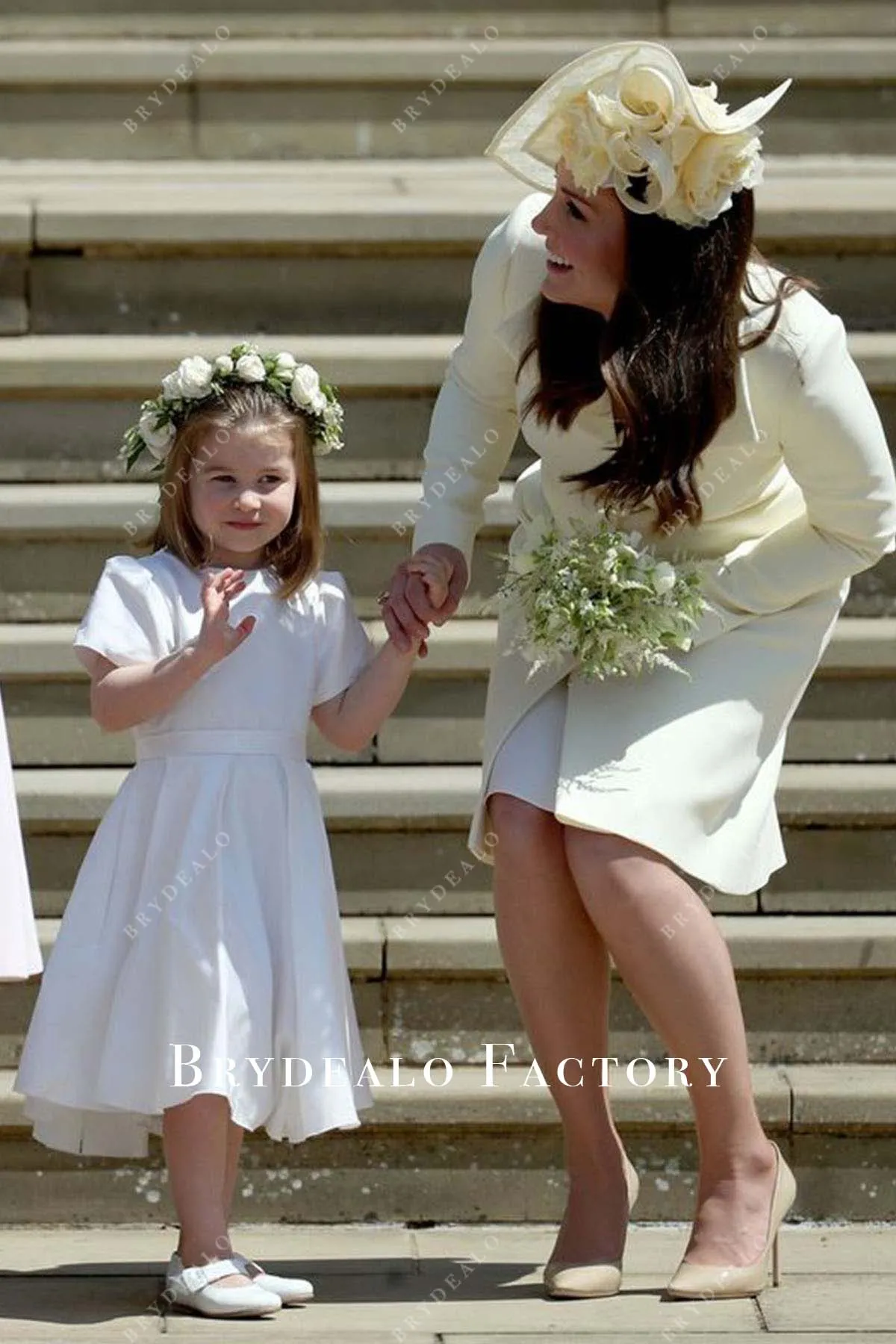 White Satin Tea-Length Short Sleeves Flower Girl Dress